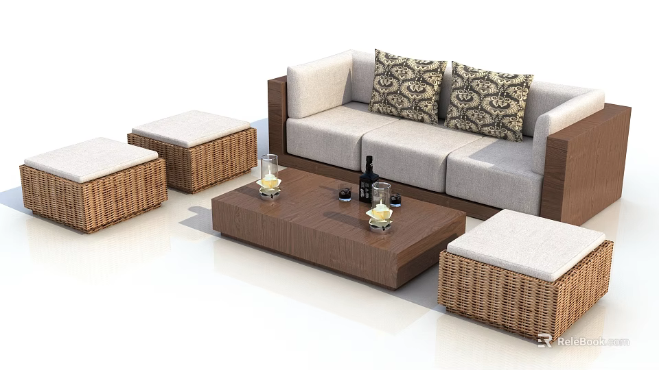 Light Gray Sofa with Patterned Cushions and Wooden Coffee Table Set Including Rattan Ottomans 3d model