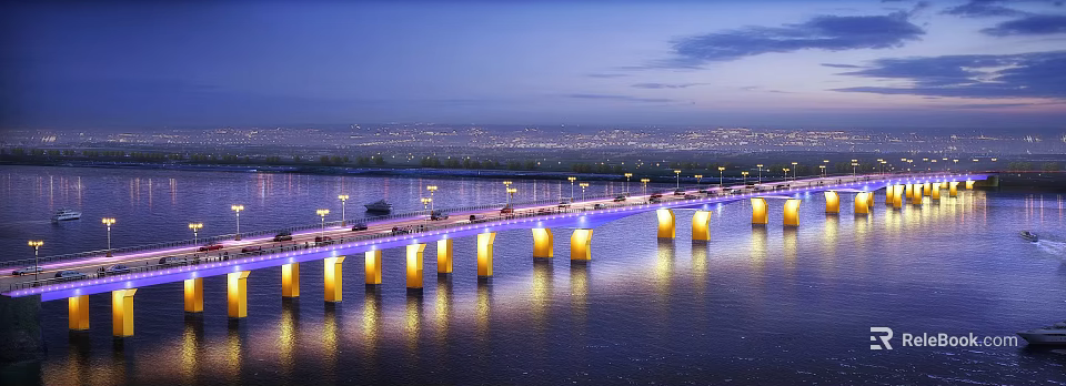 Night Illuminated Bridge Over Water With Vehicle Traffic and City Skyline Reflections 3d model 