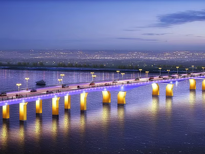 Night Illuminated Bridge Over Water With Vehicle Traffic and City Skyline Reflections 3d model