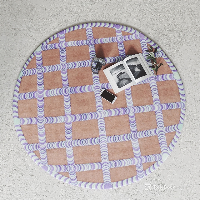 Round Pink and Purple Checkered Wavy Pattern Rug With Photo Frames Phone Decor and Greenery 3d model 