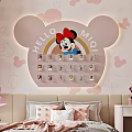 Pink Kids Room Interior With Minnie Mouse Decor Bed Desk Chair Rug And Window Curtains