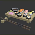 Delicious Assorted Sushi Platter With Wooden Tray Chopsticks And Soy Sauce