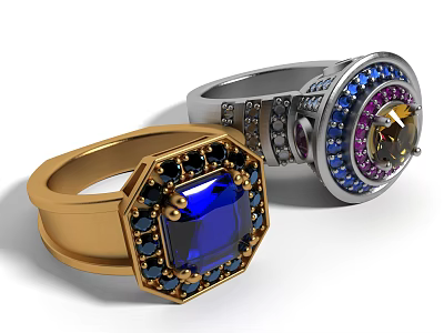 Exquisite Gold and Silver Rings Adorned with Blue Yellow Purple Black Gemstones 3d model
