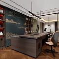 Modern Office Interior With Wooden Floor Desk Chair Green Plant And Decorative Paintings