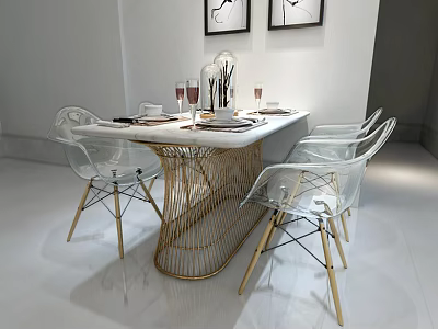 Elegant Modern Dining Table Set With Golden Frame Marble Top Transparent Chairs And Decorative Paintings 3d model