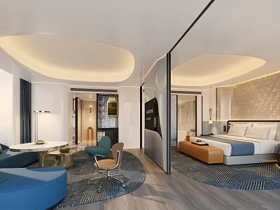 Modern Hotel Room Interior With Comfortable Bed And Seating Area 3d model