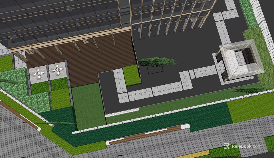 Modern Garden Landscape Design With Geometric Layout Green Lawns Stone Pathways And Trees 3d model 