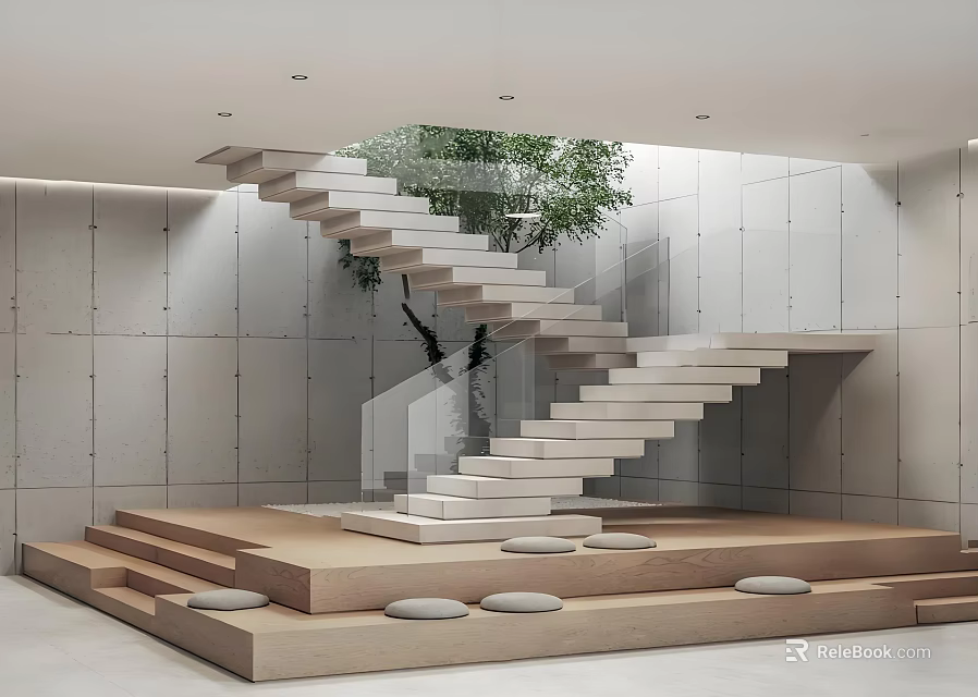 Modern Staircase With Glass Railing And Tree In Bright Interior Space 3d model 