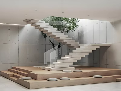 Modern Staircase With Glass Railing And Tree In Bright Interior Space 3d model