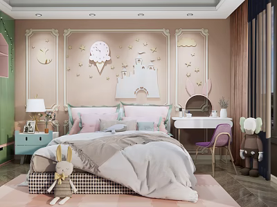 Kids Room Interior With Bed Castle Ice Cream Decor Moon Stars Butterflies Rabbit Ears 3d model