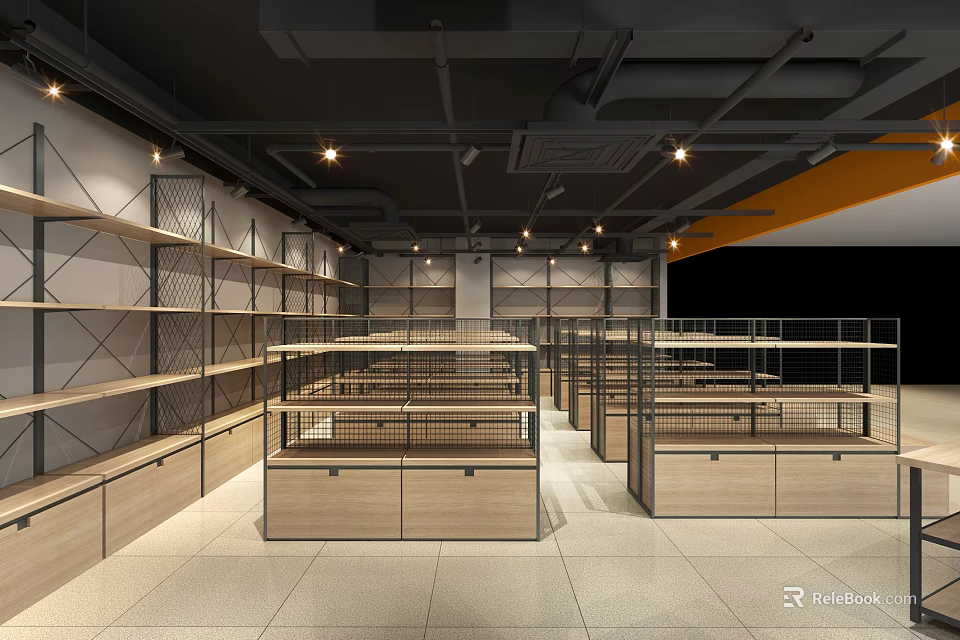 Modern Supermarket Department Store Interior Featuring Open Layout Display Shelves And Lighting 3d model 
