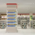 Bright White Pharmacy Store With Shelves Displaying Various Medications And Organized Interior