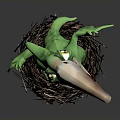 Mythical Green Creature Standing In Nest With Long Beak And Large Eyes