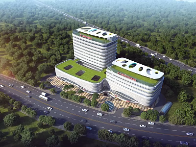 Modern Hospital Building With Green Roof And Lush Surrounding Trees 3d model