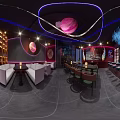 Modern Bar Interior Design With Planetary Decor Ambient Lighting And Dining Tables 3d model