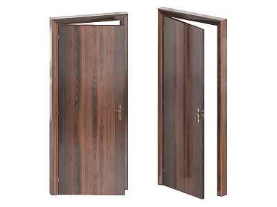 Open Wooden Hinged Door With Natural Wood Grain And Brass Handle Design 3d model
