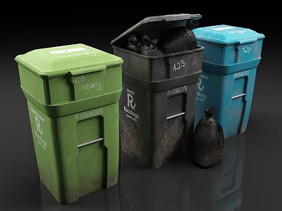 Public Waste Management Facilities with Colored Recycling Bins and Trash Containers 3d model