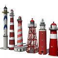Various Lighthouse Tower Styles With Colorful Stripes And Metal Frame Structures