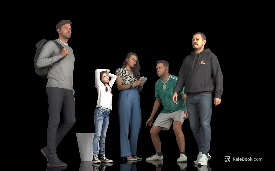 Group of People Posing Together With Child And Someone With Backpack Against Black Background 3d model 