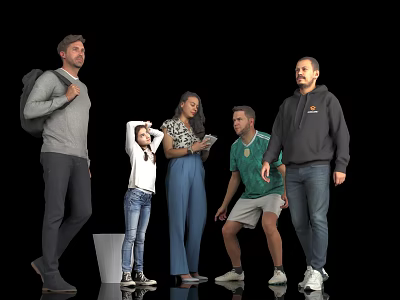 Group of People Posing Together With Child And Someone With Backpack Against Black Background 3d model