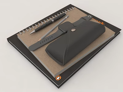 Black Cover Book And Spiral Notebook With Leather Pencil Pouch And Writing Pens 3d model