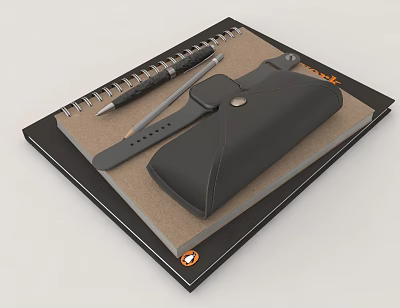 Black Cover Book And Spiral Notebook With Leather Pencil Pouch And Writing Pens 3d model