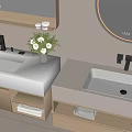 Modern Bathroom Vanity With Double White Sink Round Backlit Mirror And Wooden Cabinets