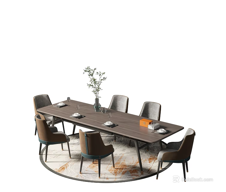 Modern Rectangular Wooden Dining Table Set With Six Chairs And Decorative Plant 3d model