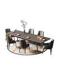 Modern Rectangular Wooden Dining Table Set With Six Chairs And Decorative Plant 3d model