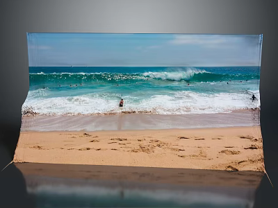 Scenic Sandy Beach With Rolling Ocean Waves Footprints And People Enjoying Shallow Water 3d model