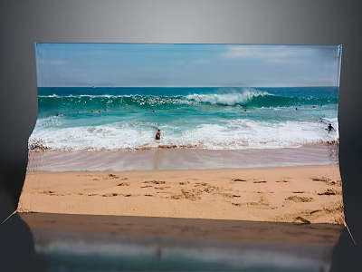 Scenic Sandy Beach With Rolling Ocean Waves Footprints And People Enjoying Shallow Water 3d model