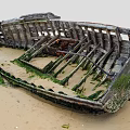 Old Abandoned Wooden Boat on Sandy Beach with Green Moss and Weathered Wood