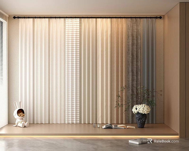 Elegant Layered Window Curtains In Neutral Tones With Rabbit Figurine Vase And Books On Sill 3d model 