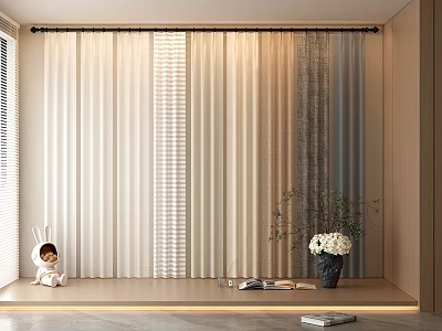 Elegant Layered Window Curtains In Neutral Tones With Rabbit Figurine Vase And Books On Sill 3d model