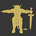 Fantasy Horned Demon Warrior In Battle Armor Holding Sword With Tail Standing Pose