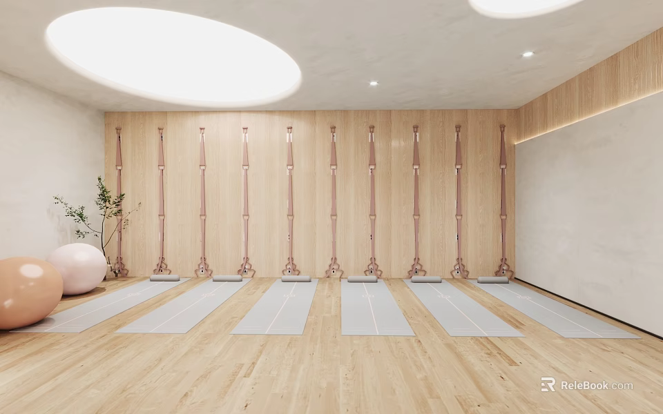 Spacious Yoga Studio Interior With Mats And Wooden Flooring 3d model 