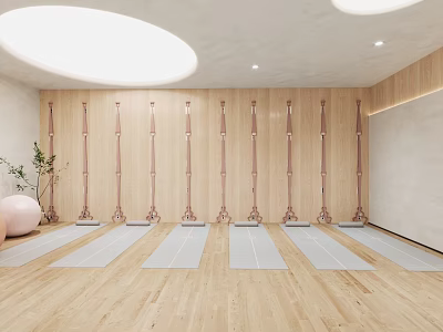 Spacious Yoga Studio Interior With Mats And Wooden Flooring 3d model