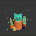 Game Character Blue Cat Face In Orange Pot With Small Cacti And Floating Blue Dots
