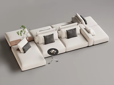 Light Colored Sectional Sofa With Black Gray Cushions Side Table Green Plant Decor 3d model