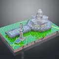 3D Decorative Fountain Model With Green Leaf Base And Stone Path Design