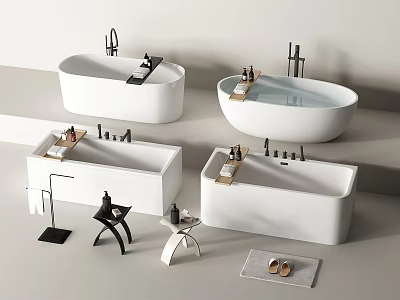 Modern White Bathtub Interior With Black Faucets Side Table And Accessories 3d model