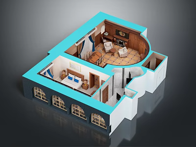 3D Model Interior Room Layout Design With Bed Sofa Wooden Furniture Blue White Circular Area 3d model