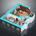 3D Model Interior Room Layout Design With Bed Sofa Wooden Furniture Blue White Circular Area