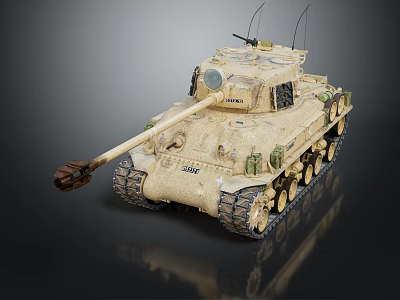 Detailed Tan Military Tank Model With Turret Antennas Gun Barrel Tracks On Dark Metallic Surface 3d model