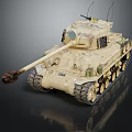 Detailed Tan Military Tank Model With Turret Antennas Gun Barrel Tracks On Dark Metallic Surface