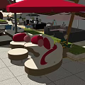 Outdoor Sofa Setup In Modern Patio With Umbrella Green Plants And Coffee Tables