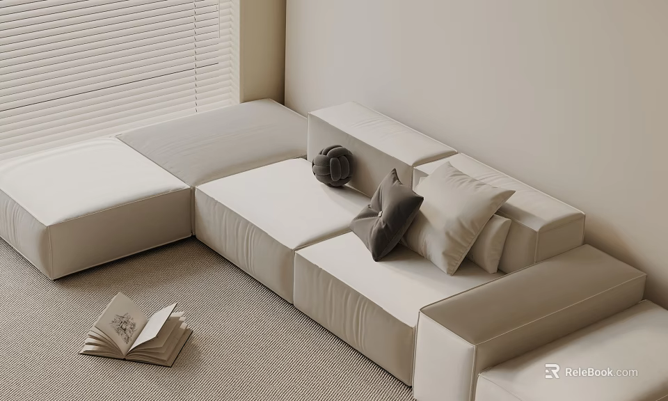 Minimalist Three Seater Fabric Sofa With Light Colored Pillows Open Book And Soft Carpet 3d model 