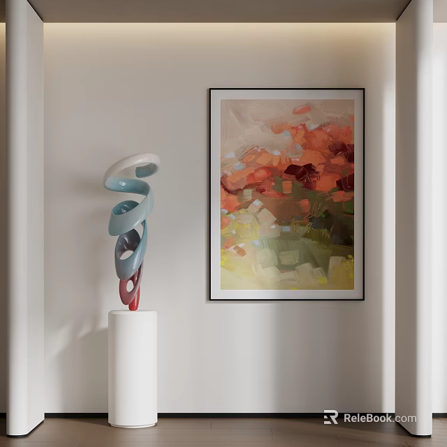 Indoor Multicolored Spiral Sculpture On White Pedestal With Vibrant Abstract Painting 3d model 