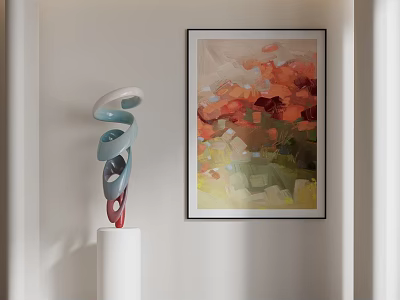 Indoor Multicolored Spiral Sculpture On White Pedestal With Vibrant Abstract Painting 3d model