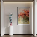 Indoor Multicolored Spiral Sculpture On White Pedestal With Vibrant Abstract Painting